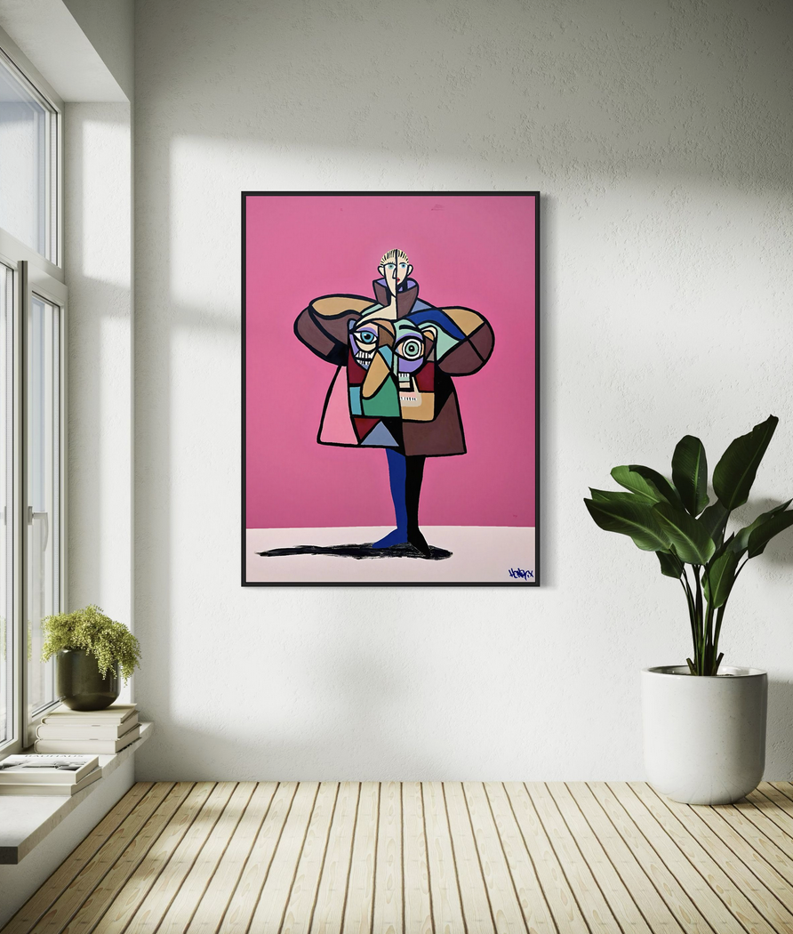 “Timothee” by Henrix: a portrait with layered faces and high-fashion shapes, inspired by the extravagant style of the Met Gala.